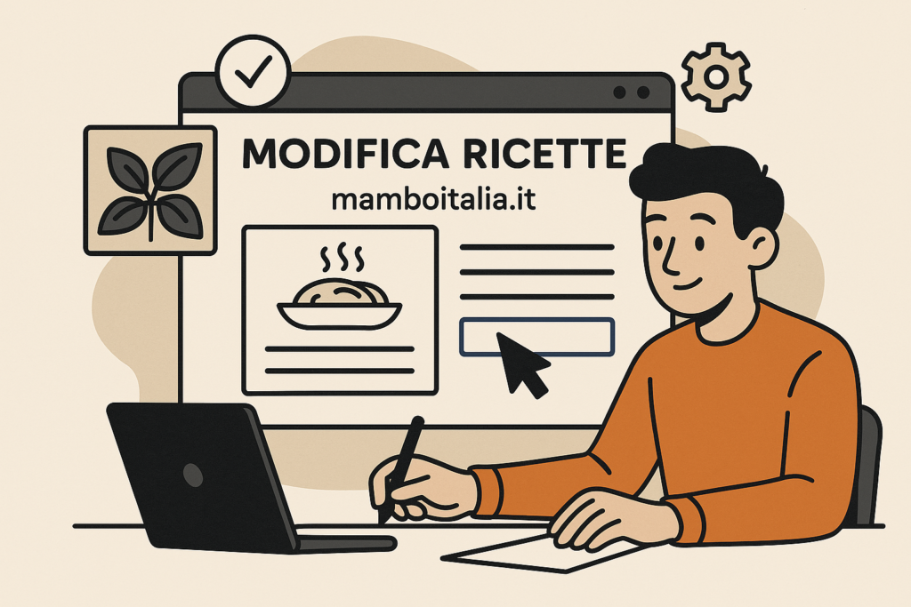 Illustrazione digitale di un giovane che modifica una ricetta su MamboItalia.it