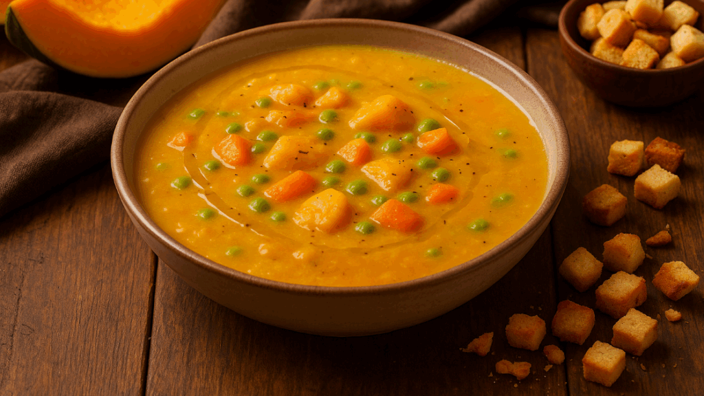 Minestra di zucca, carote e piselli