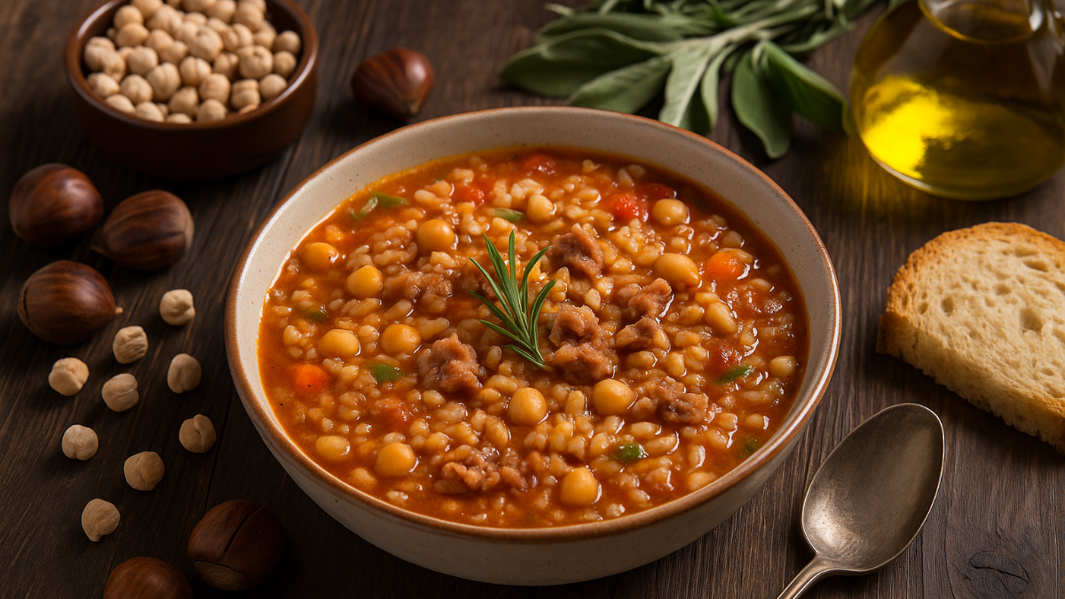 Zuppa di farro, ceci e castagne