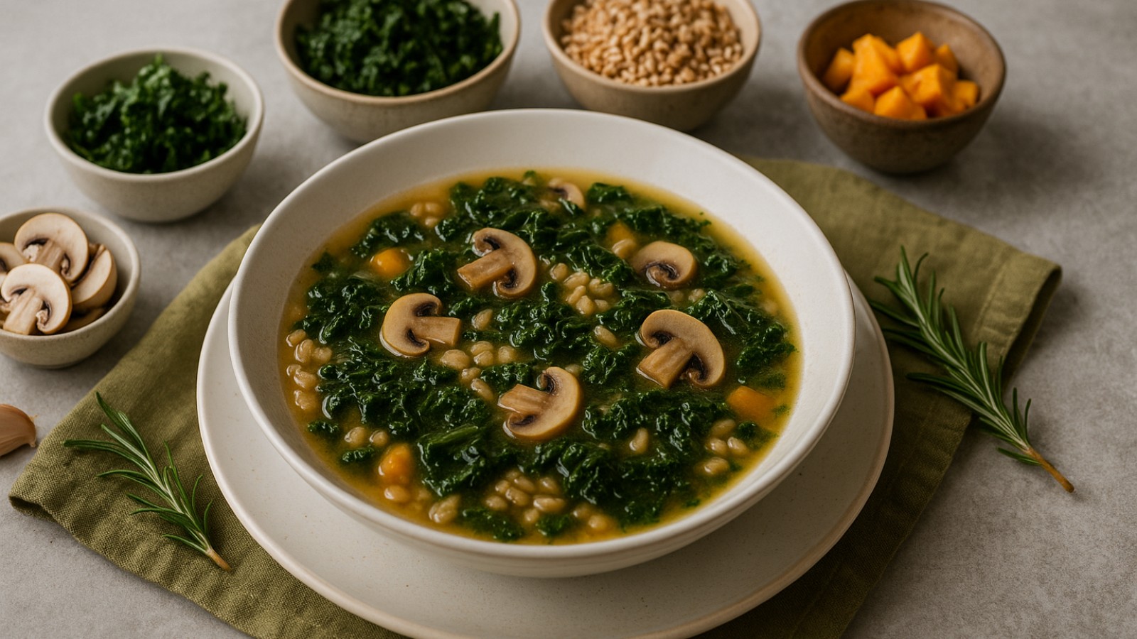 Zuppa di verza, funghi champignon e farro