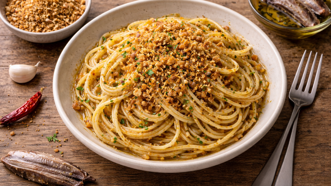 Pasta con pane grattugiato e acciughe