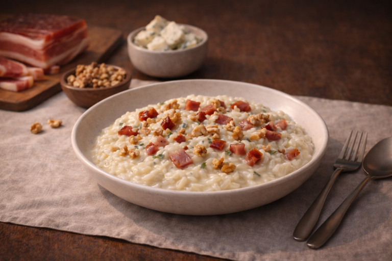 Risotto gorgonzola, speck e noci