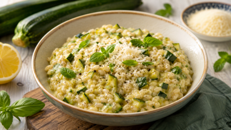 Orzotto cremoso alle zucchine con erbe aromatiche e formaggio
