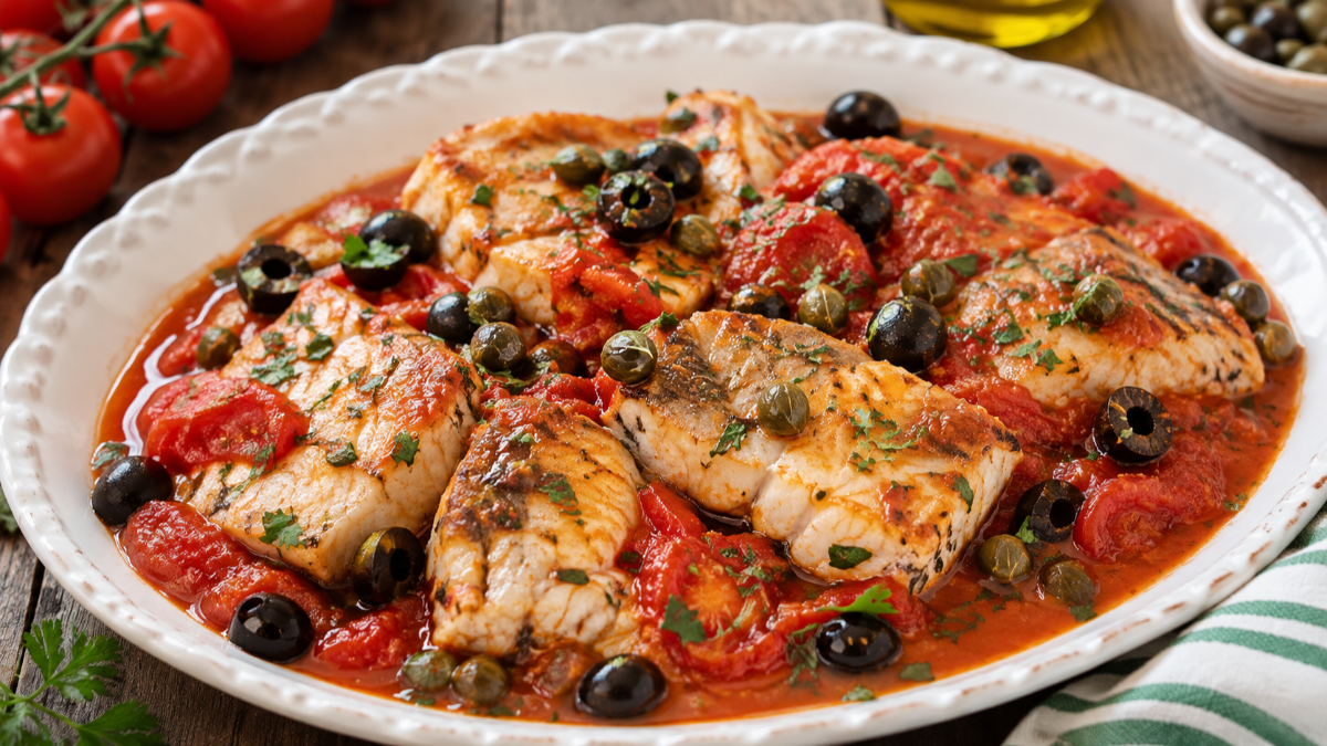 Palombo al pomodoro con olive e capperi