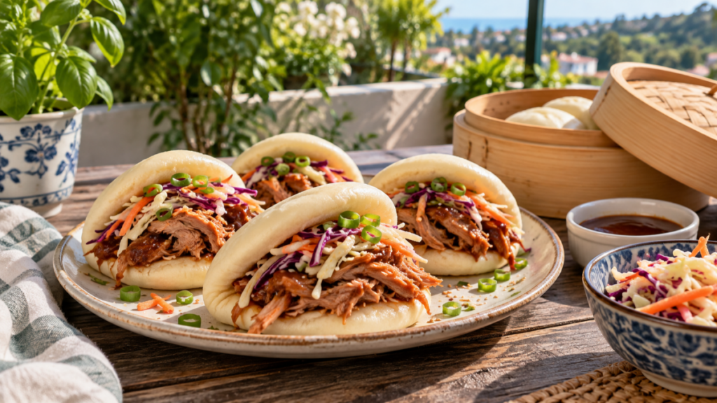 Bao buns al vapore con pulled pork