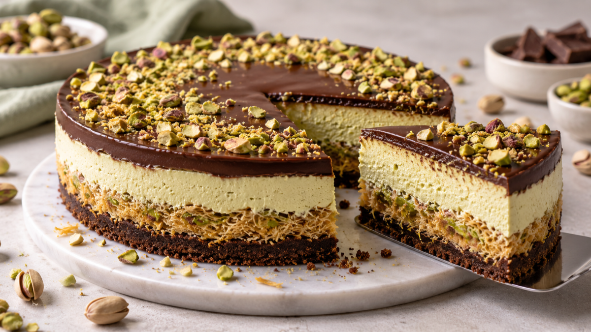 Cheesecake Dubai Chocolate al pistacchio e kataifi