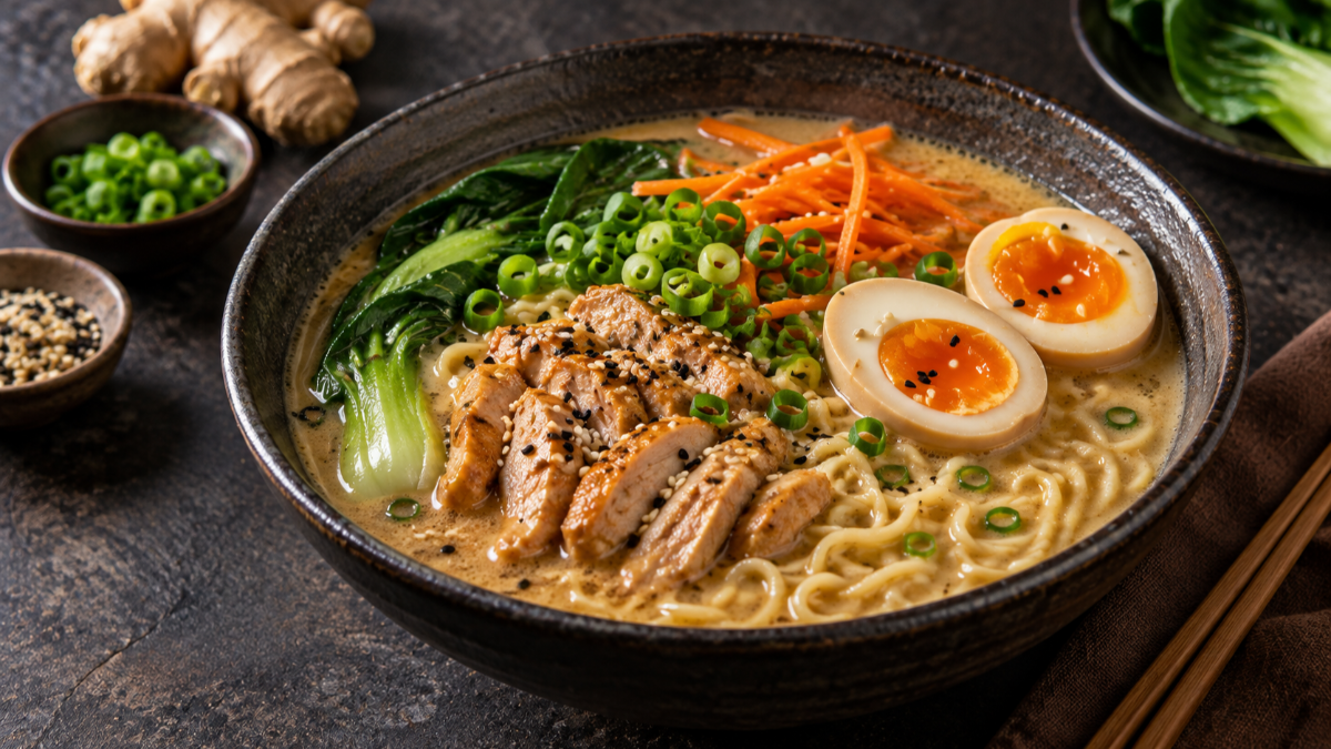 Ramen cremoso al miso con pollo e uovo