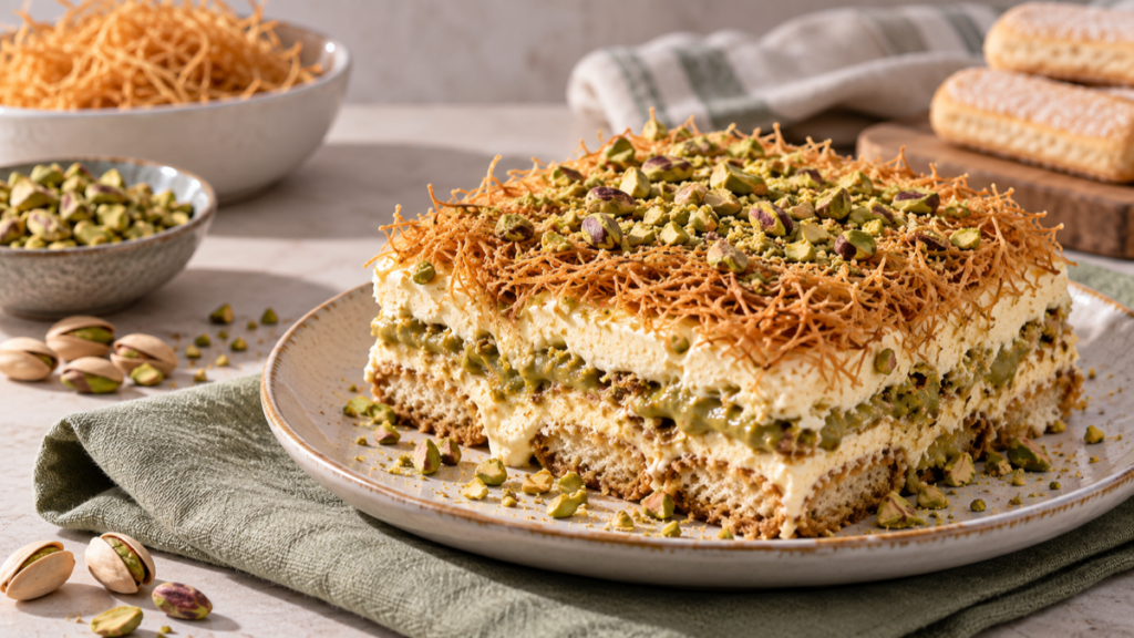 Tiramisù Dubai al pistacchio e kataifi croccante