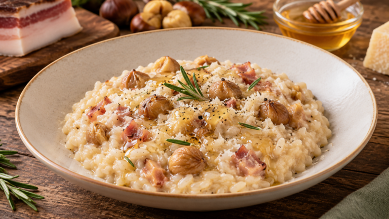 Risotto lardo, castagne e miele