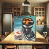Cucina moderna con tavolo in legno e grande scatolo visto frontalmente – immagine realistica di interni