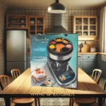 Cucina moderna con tavolo in legno e grande scatolo visto frontalmente – immagine realistica di interni