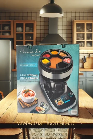 Cucina moderna con tavolo in legno e grande scatolo visto frontalmente – immagine realistica di interni