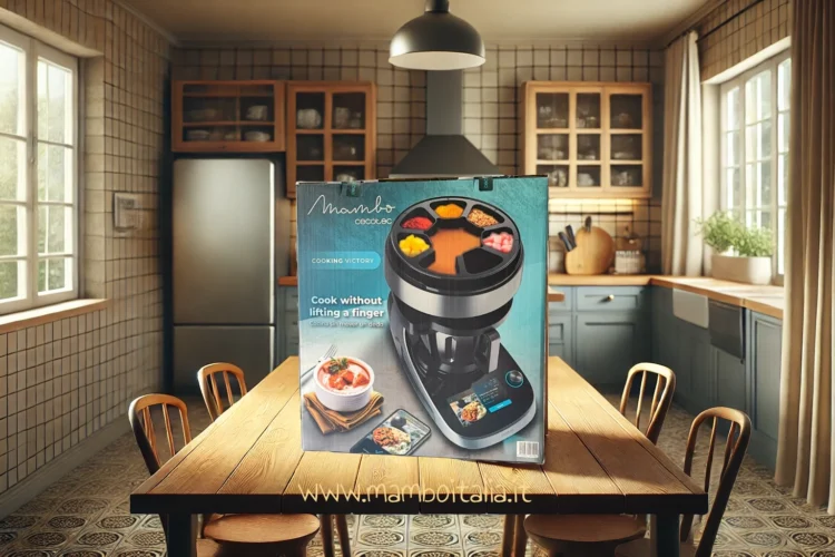 Cucina moderna con tavolo in legno e grande scatolo visto frontalmente – immagine realistica di interni