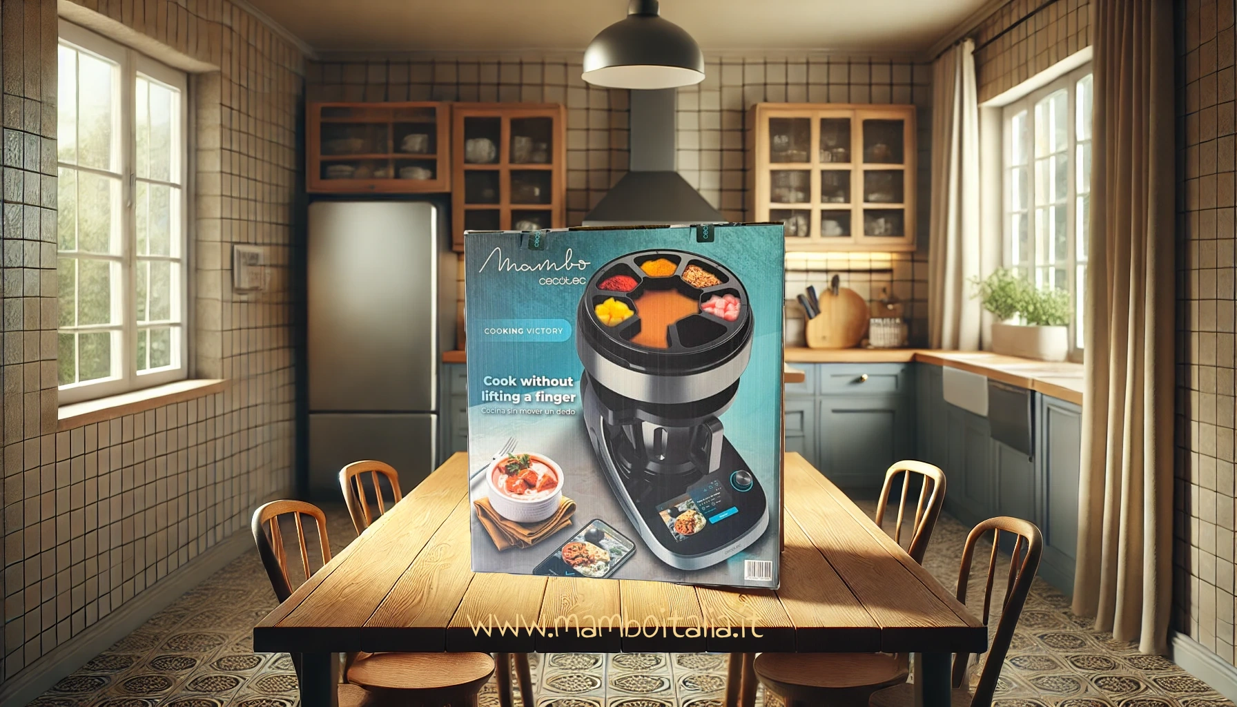 Cucina moderna con tavolo in legno e grande scatolo visto frontalmente – immagine realistica di interni